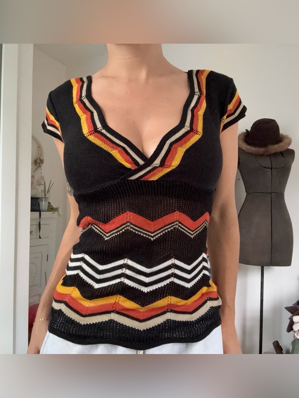 Vintage Chesky Black Multicolor Zig Zag Knit Top Y2K 90s